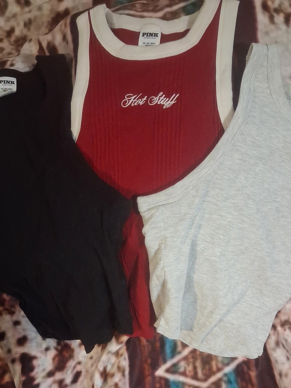 PINK Victoria's Secret Red Ribbed Tank with 'Hot Stuff' Embroidery